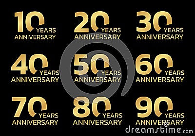 Anniversary set. Birthday badge or logo collection with 10, 20, 30, 40, 50, 60, 70, 80, 90 years celebrating. Vector illustration. Vector Illustration